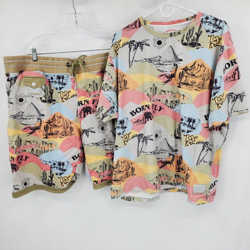 Born Fly Fly Oasis Desert Graphic T-Shirt and Shorts Set Mens 3XL Tan Pink Multi